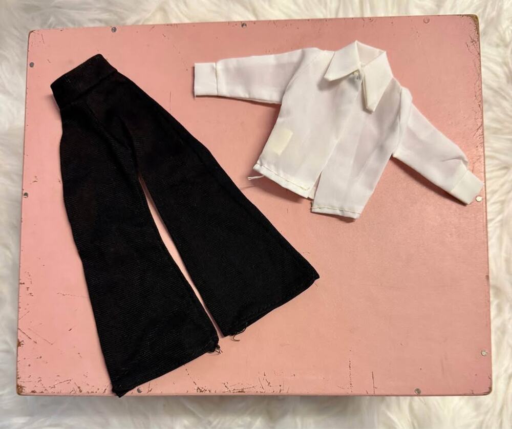 1970s Mego Doll Clothes outfit black pants & white shirt 12" Barbie size MCMLXX
